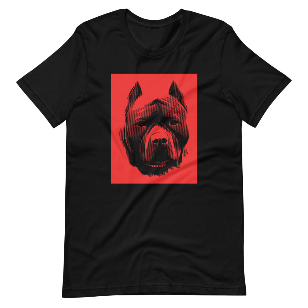Pit Bull face halftone with red background square on unisex black t-shirt