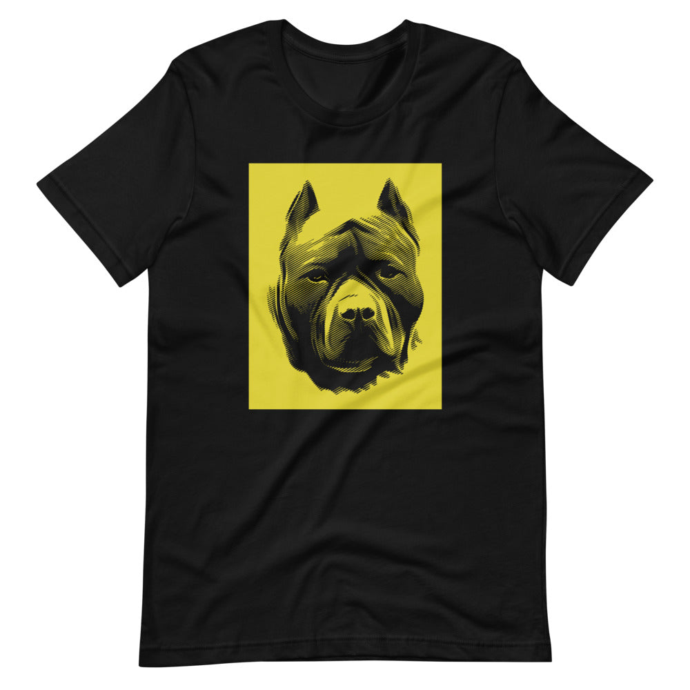 Pit Bull face halftone with yellow background square on unisex black t-shirt