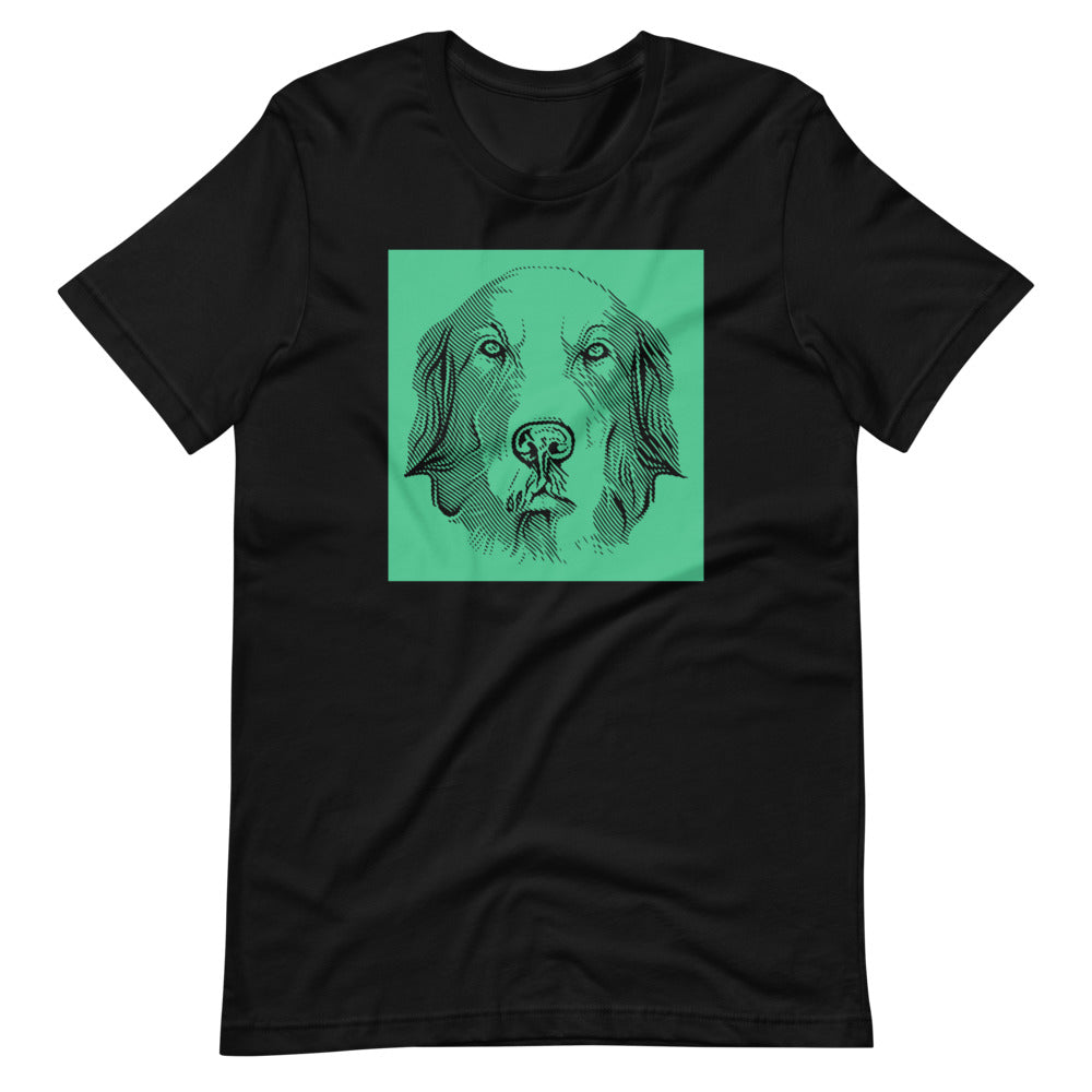 Golden Retriever face halftone with green background square on unisex black t-shirt