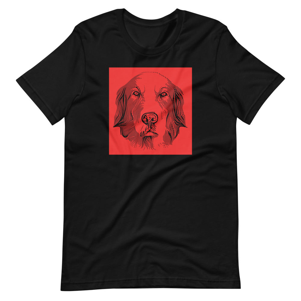 Golden Retriever face halftone with red background square on unisex black t-shirt