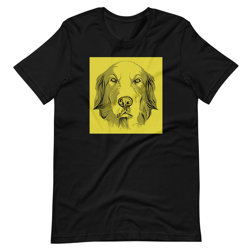 Golden Retriever face halftone with yellow background square on unisex black t-shirt