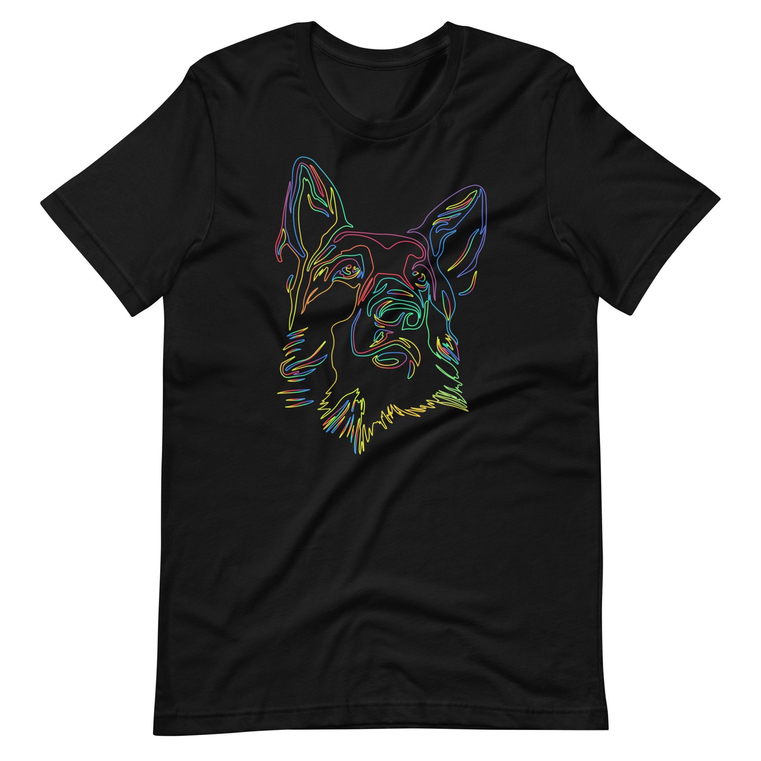 Colored line German Shepherd face on unisex black t-shirt