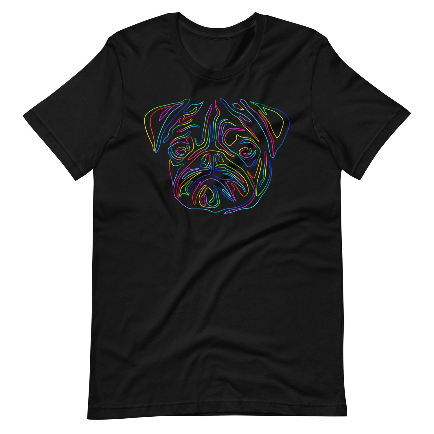 Colored line Pug face on unisex black t-shirt