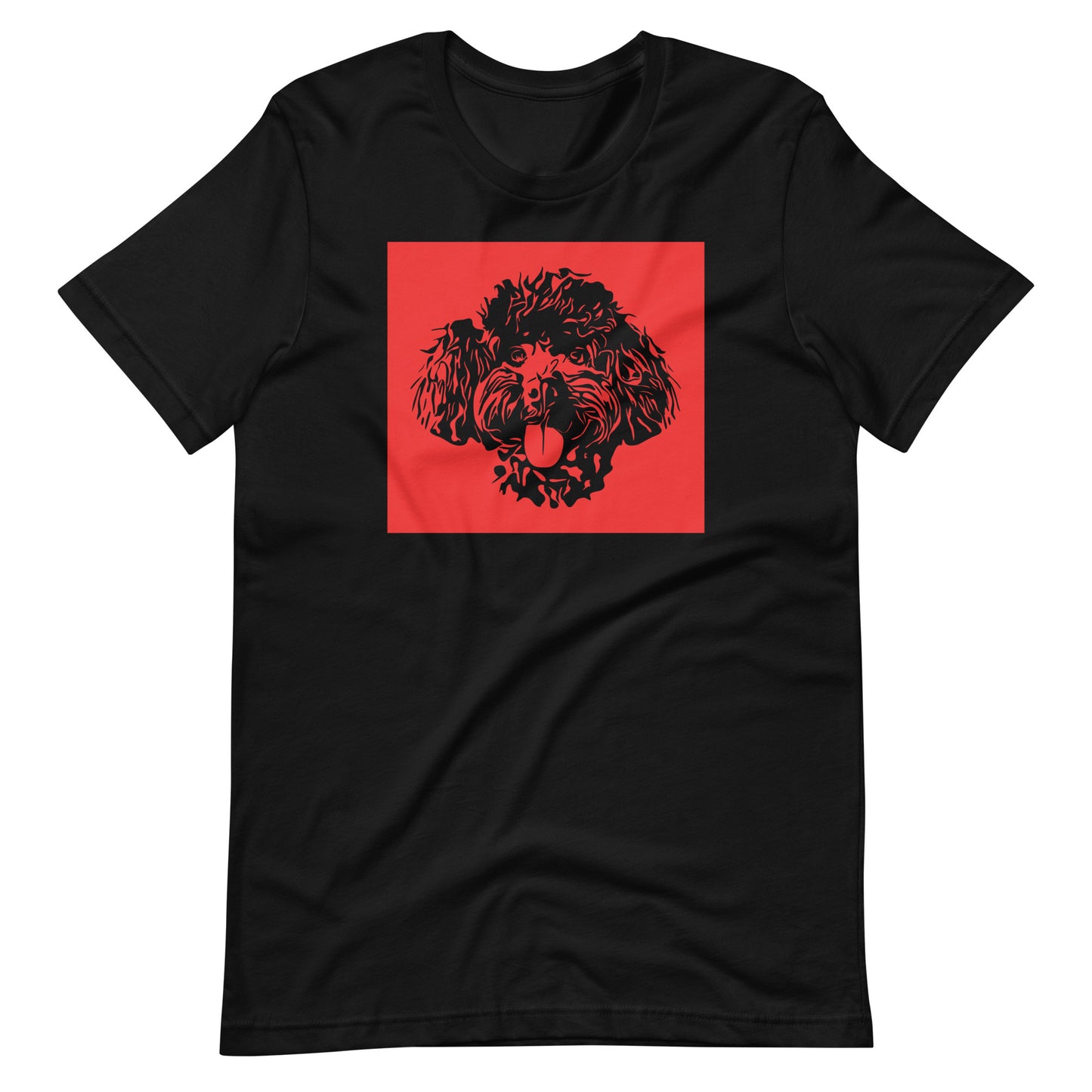Toy Poodle face silhouette with red background square on unisex black t-shirt
