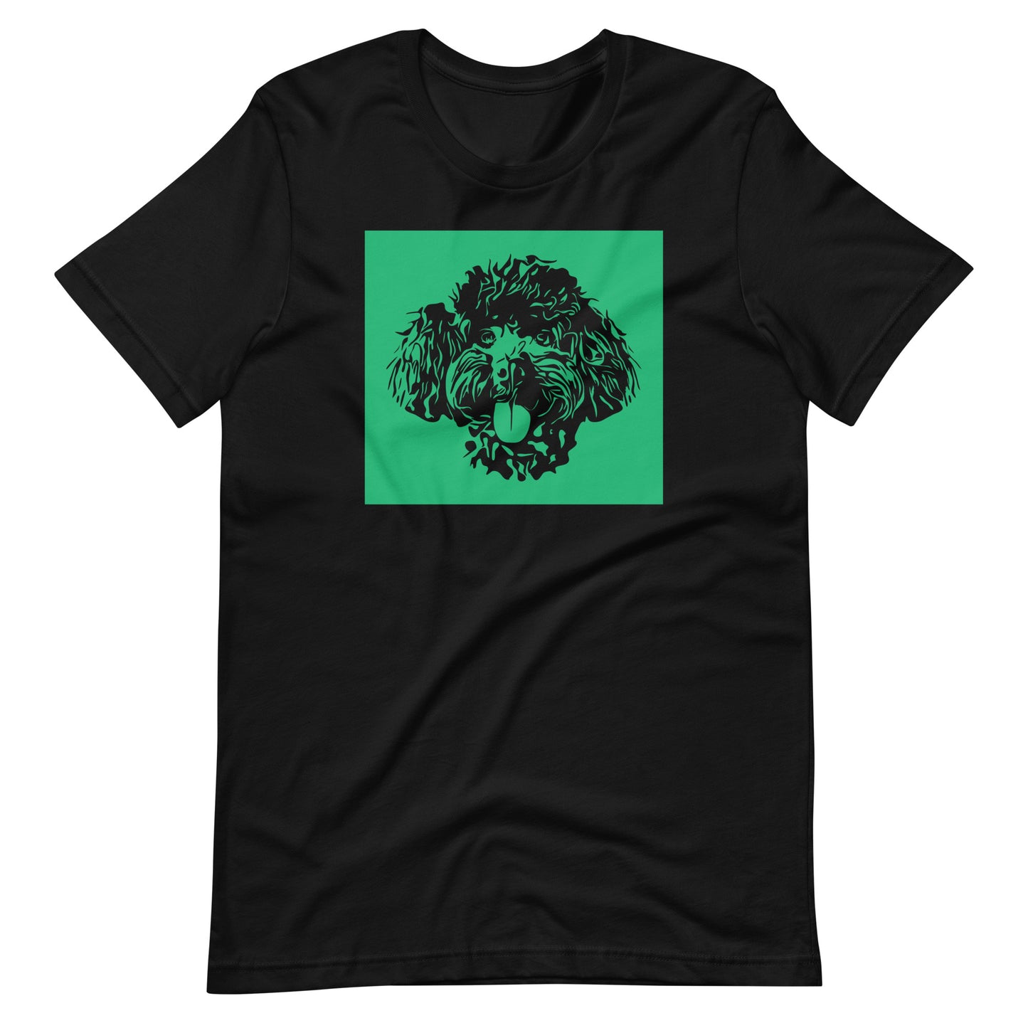 Toy Poodle face silhouette with green background square on unisex black t-shirt