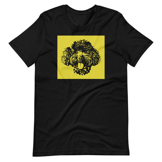 Toy Poodle face silhouette with yellow background square on unisex black t-shirt