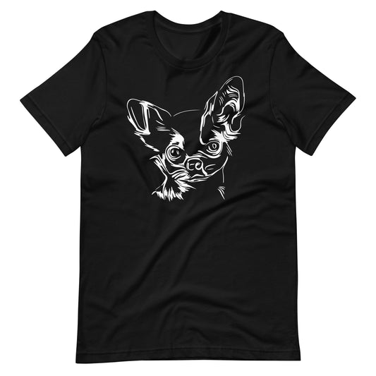 White line Chihuahua face on unisex black t-shirt