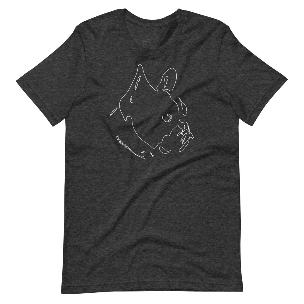 White line French Bulldog face on unisex dark grey heather t-shirt