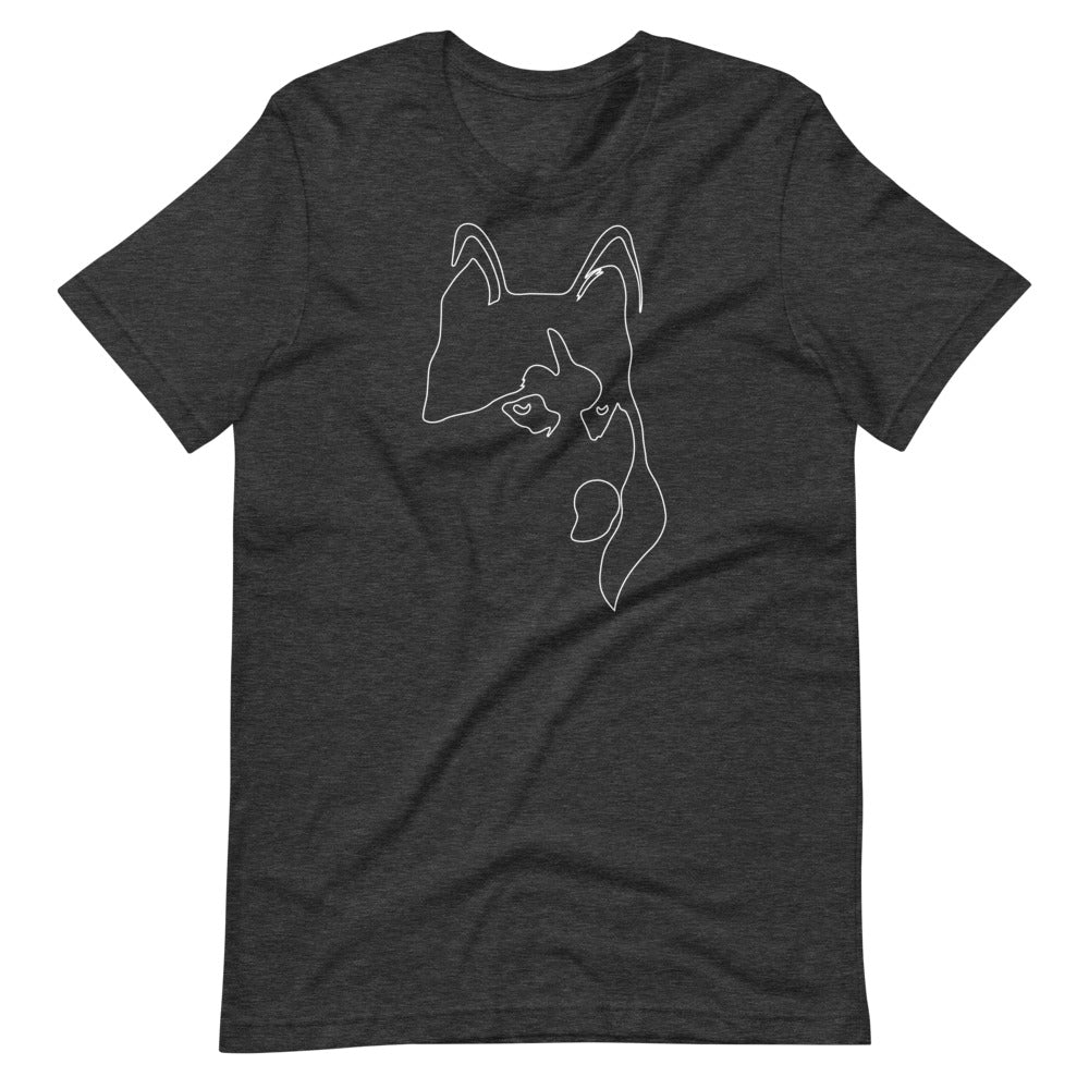 White line Siberian Husky face on unisex dark grey heather t-shirt