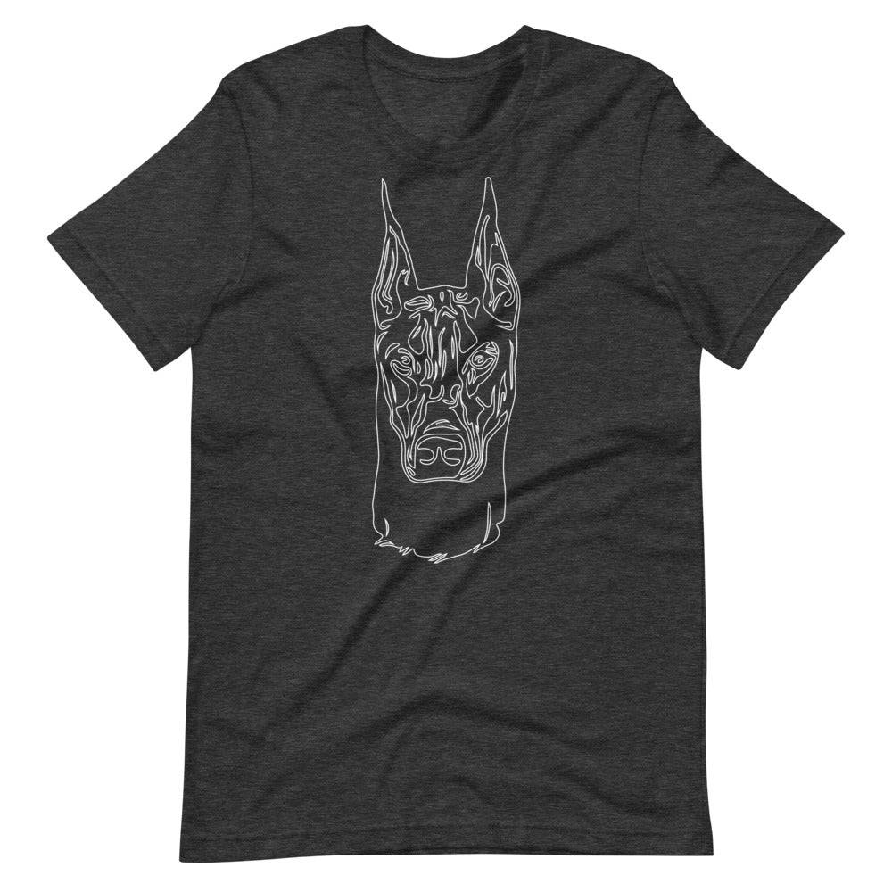 White line Doberman face on unisex dark grey heather t-shirt