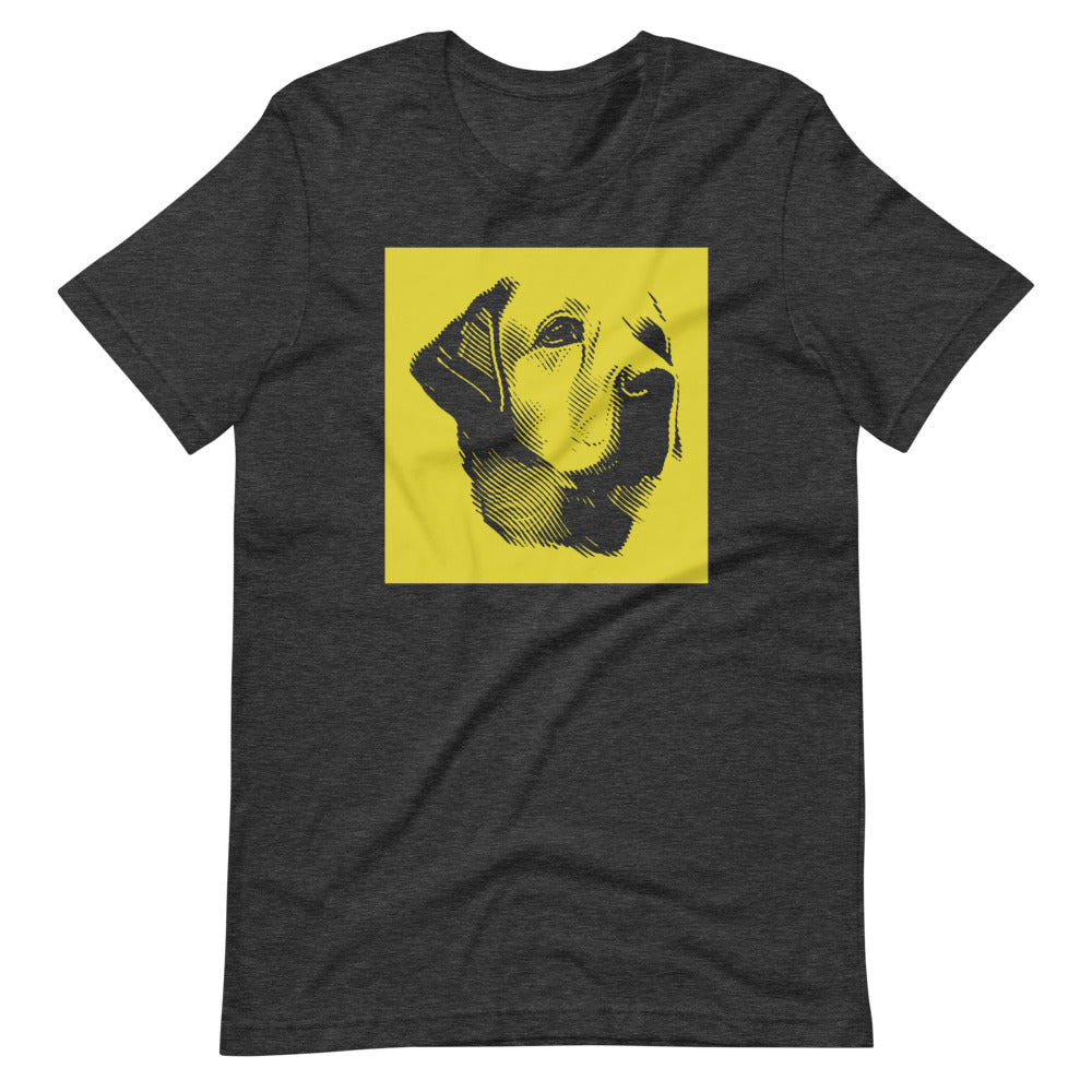 Labrador face halftone with yellow background square on unisex dark grey heather t-shirt