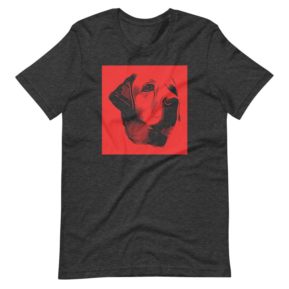 Labrador face halftone with red background square on unisex dark grey heather t-shirt