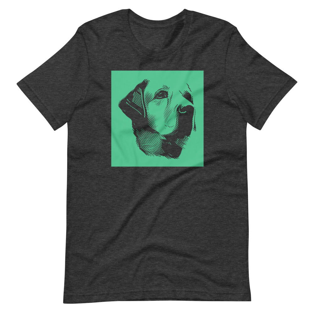 Labrador face halftone with green background square on unisex dark grey heather t-shirt