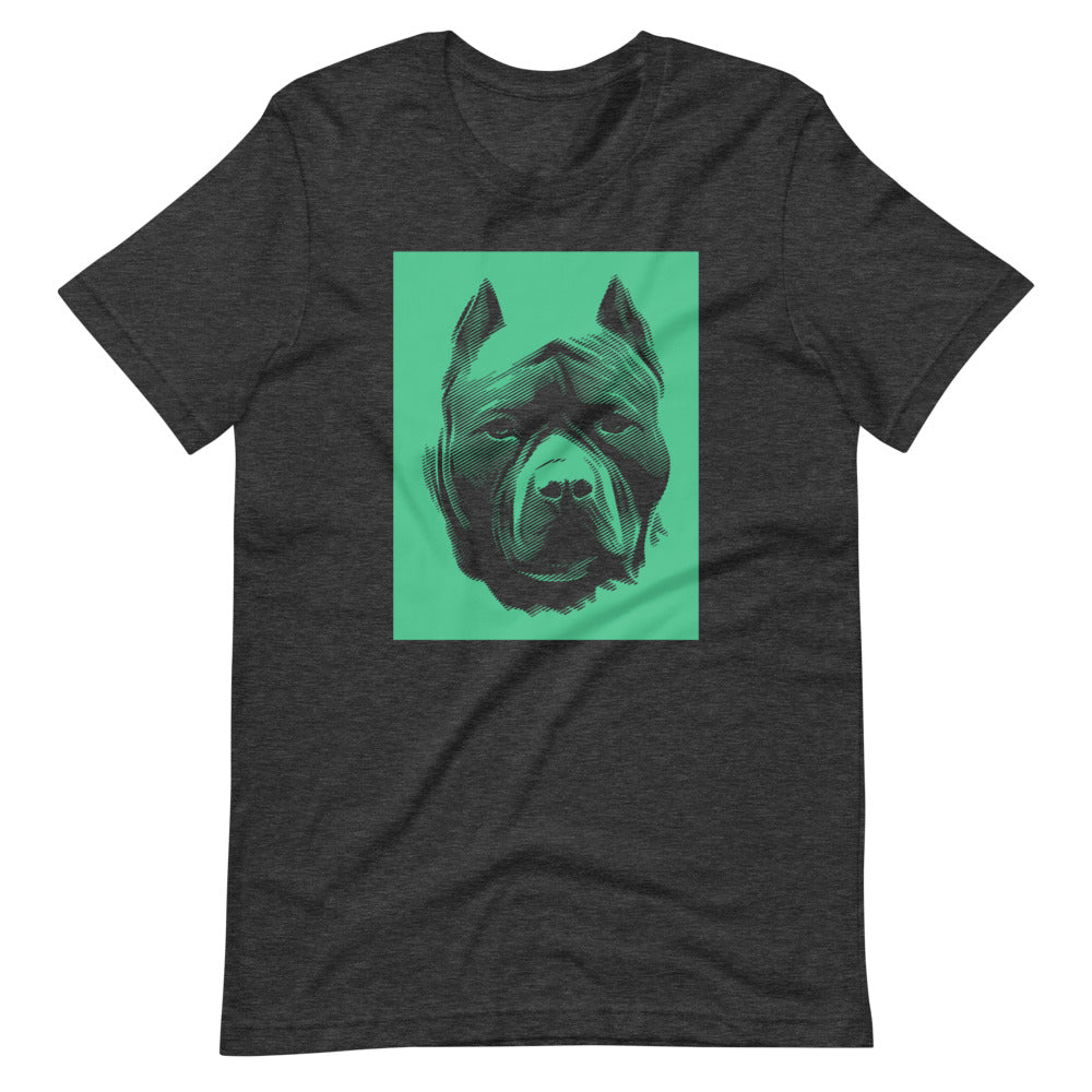 Pit Bull face halftone with green background square on unisex dark grey heather t-shirt