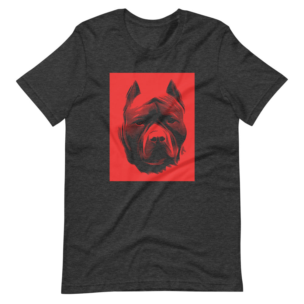 Pit Bull face halftone with red background square on unisex dark grey heather t-shirt