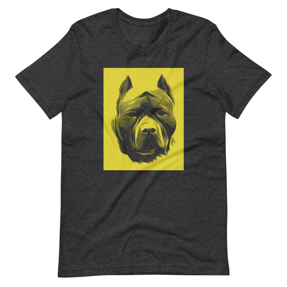 Pit Bull face halftone with yellow background square on unisex dark grey heather t-shirt