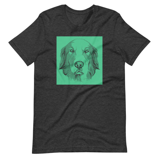 Golden Retriever face halftone with green background square on unisex dark grey heather t-shirt