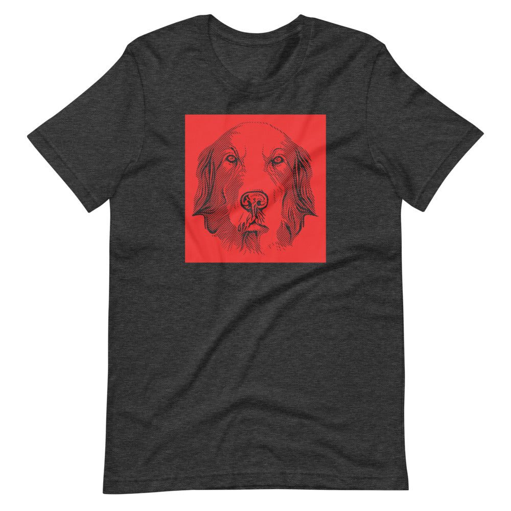 Golden Retriever face halftone with red background square on unisex dark grey heather t-shirt