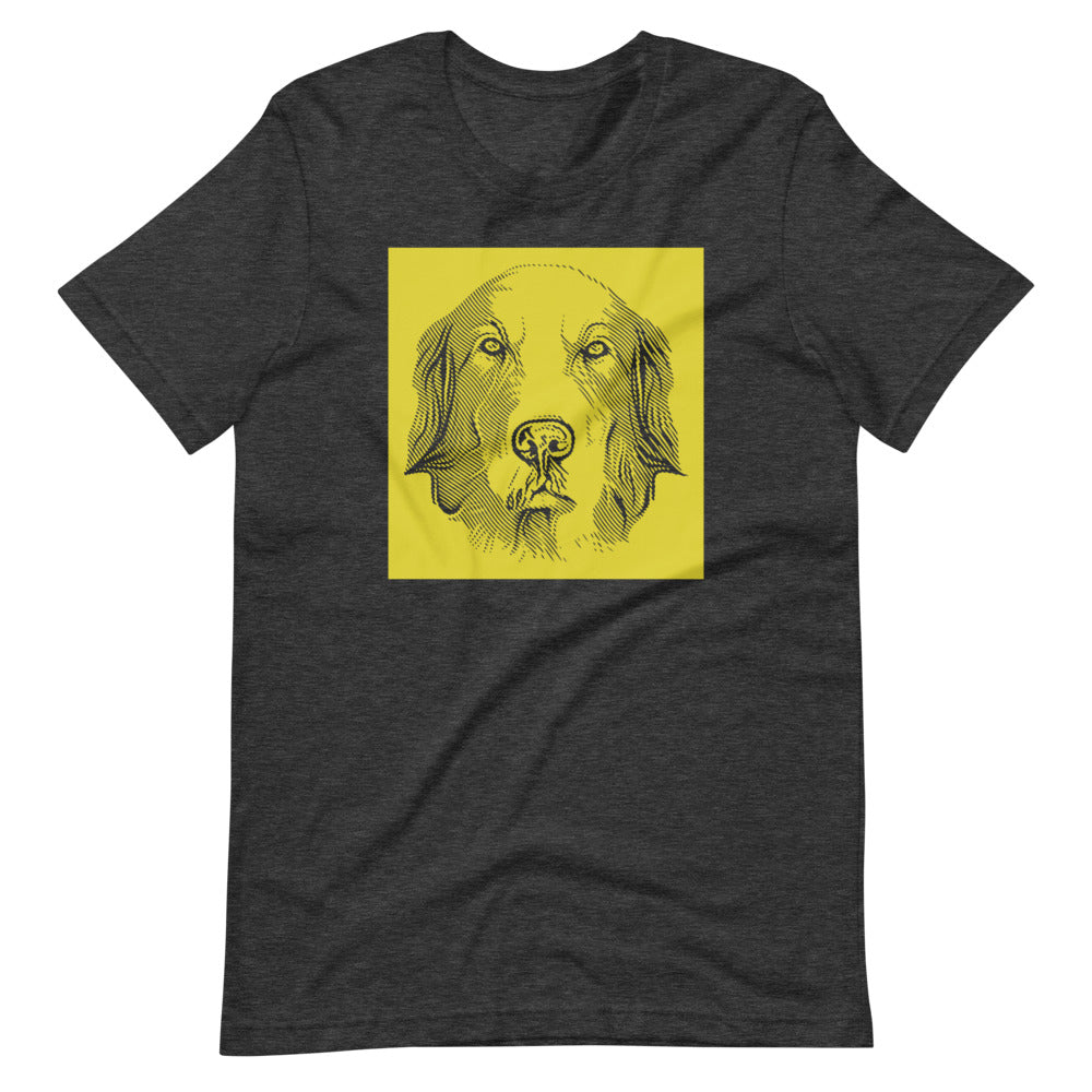 Golden Retriever face halftone with yellow background square on unisex dark grey heather t-shirt