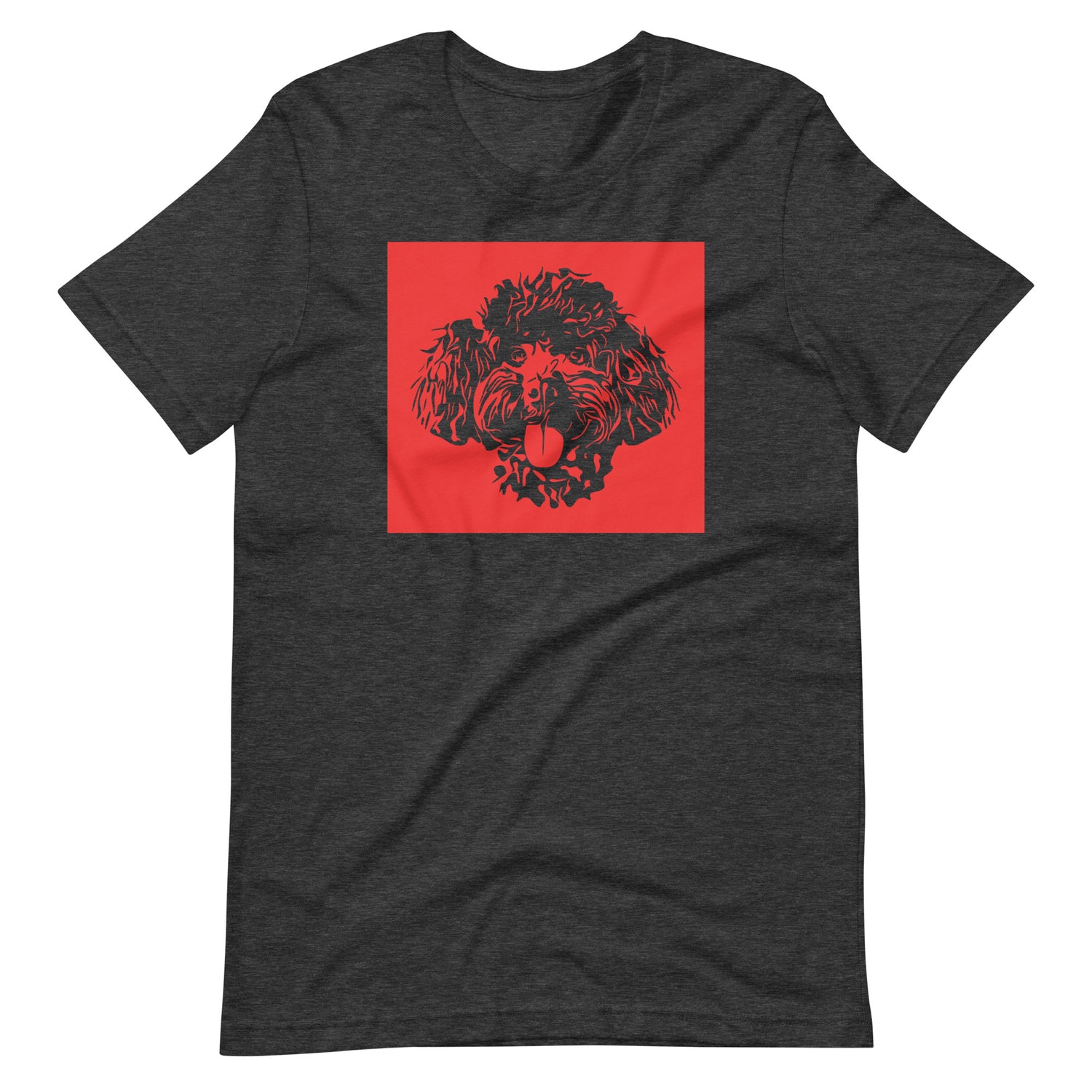 Toy Poodle face silhouette with red background square on unisex dark grey heather t-shirt