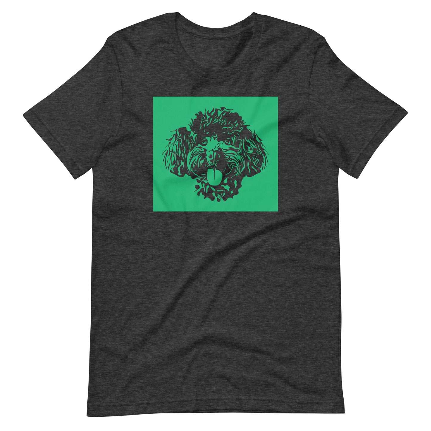 Toy Poodle face silhouette with green background square on unisex dark grey heather t-shirt