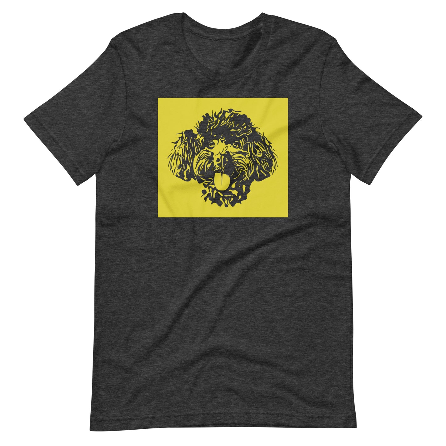 Toy Poodle face silhouette with yellow background square on unisex dark grey heather t-shirt