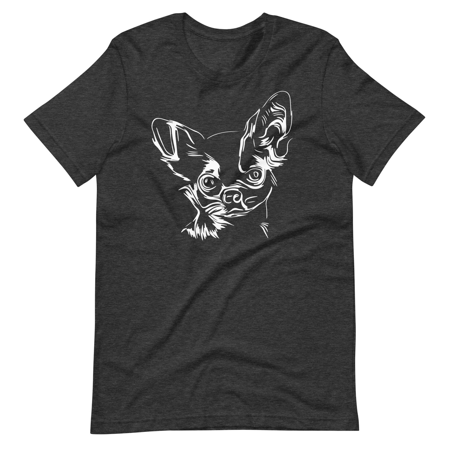 White line Chihuahua face on unisex dark grey heather t-shirt
