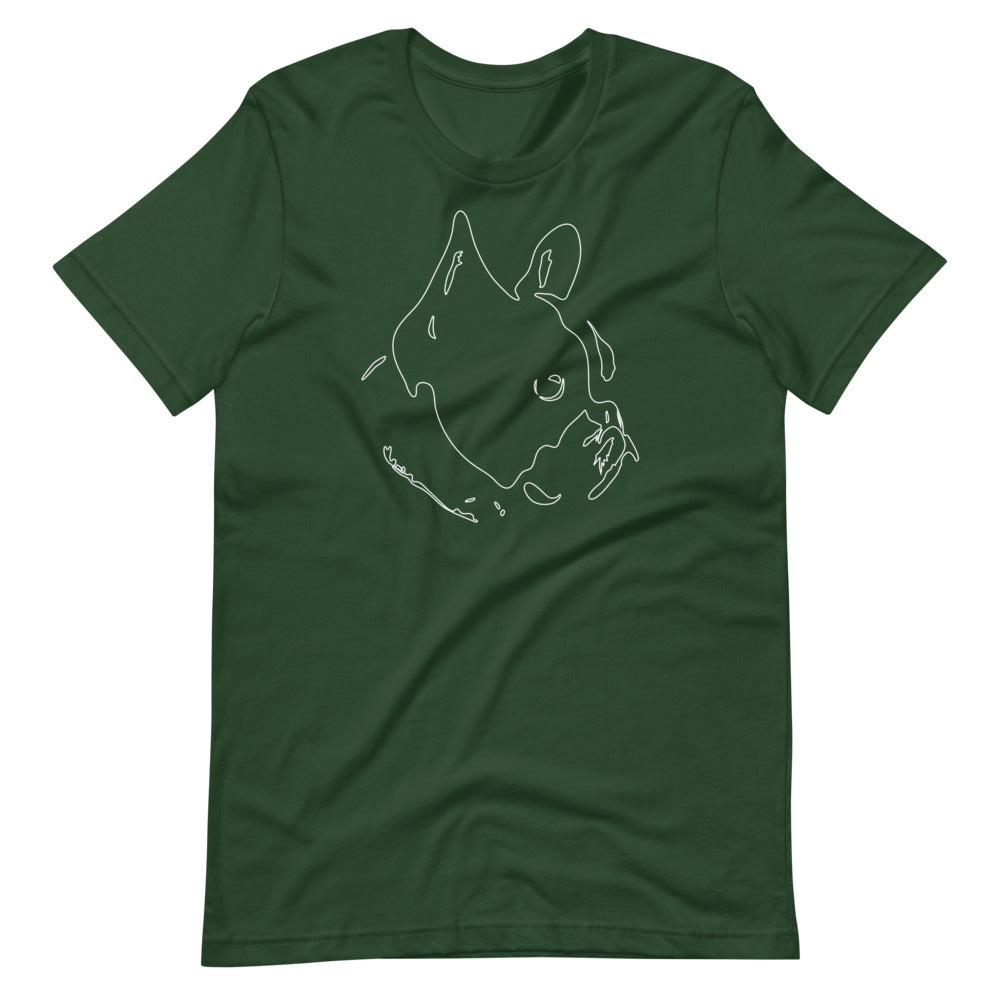 White line French Bulldog face on unisex forest t-shirt