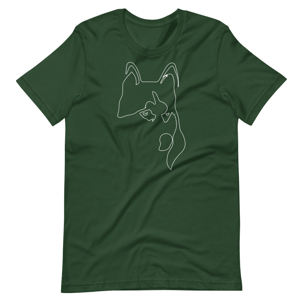 White line Siberian Husky face on unisex forest t-shirt