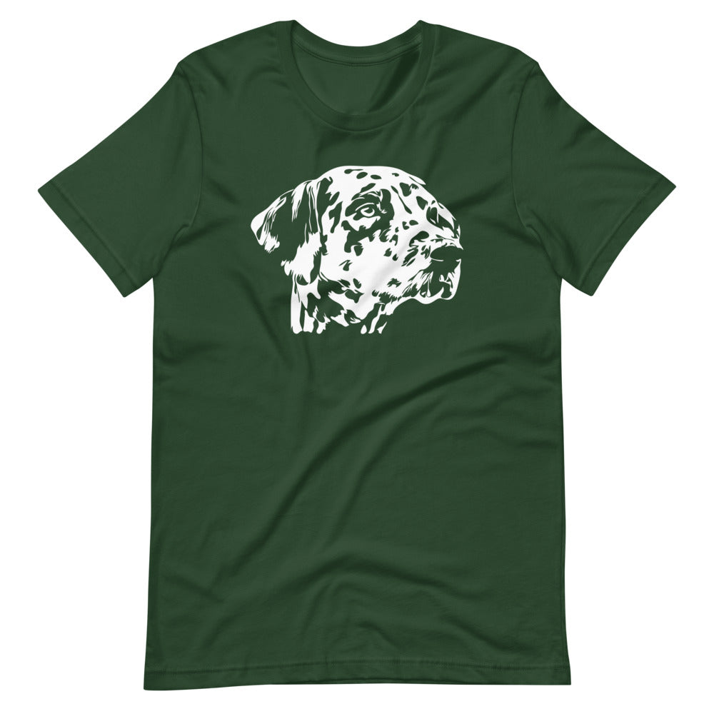 White Dalmatian face silhouette on unisex forest t-shirt