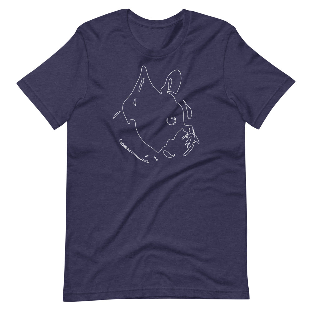 White line French Bulldog face on unisex heather midnight navy t-shirt
