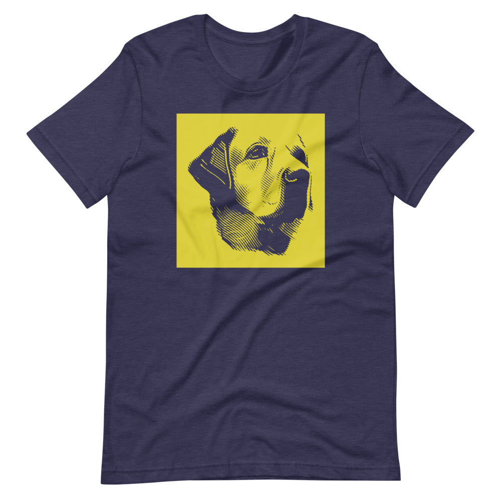 Labrador face halftone with yellow background square on unisex heather midnight navy t-shirt