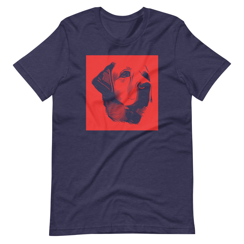 Labrador face halftone with red background square on unisex heather midnight navy t-shirt