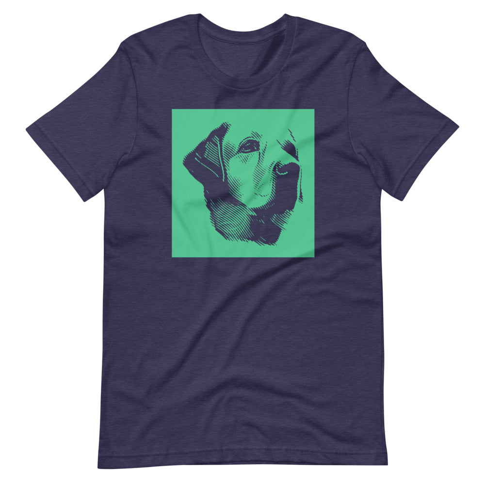 Labrador face halftone with green background square on unisex heather midnight navy t-shirt