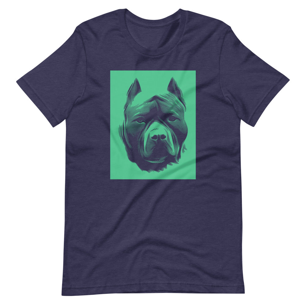 Pit Bull face halftone with green background square on unisex heather midnight navy t-shirt