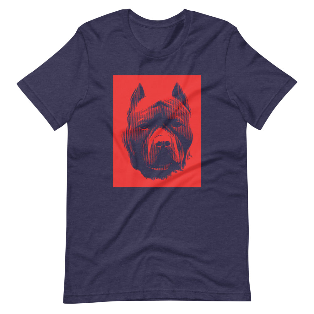 Pit Bull face halftone with red background square on unisex heather midnight navy t-shirt