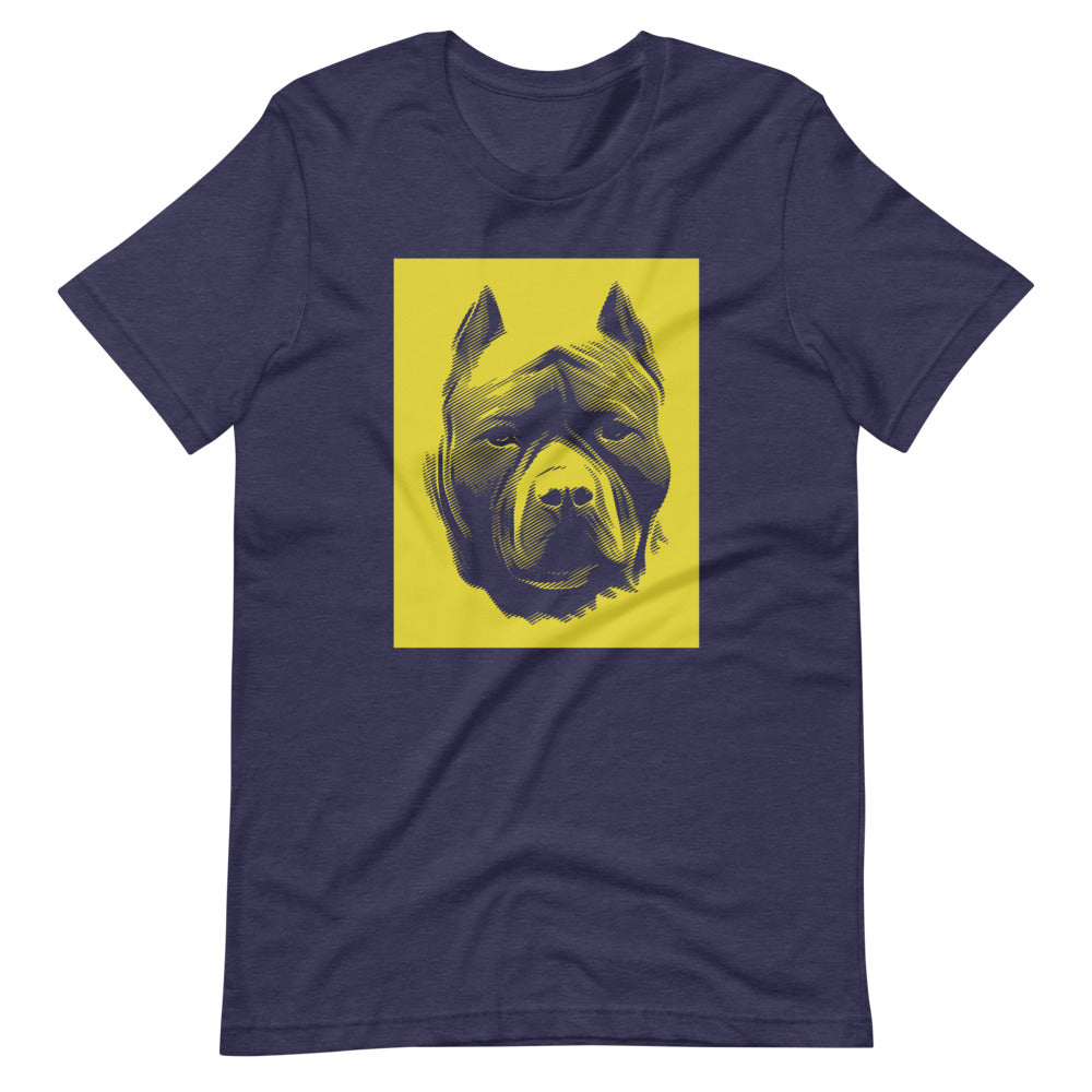 Pit Bull face halftone with yellow background square on unisex heather midnight navy t-shirt