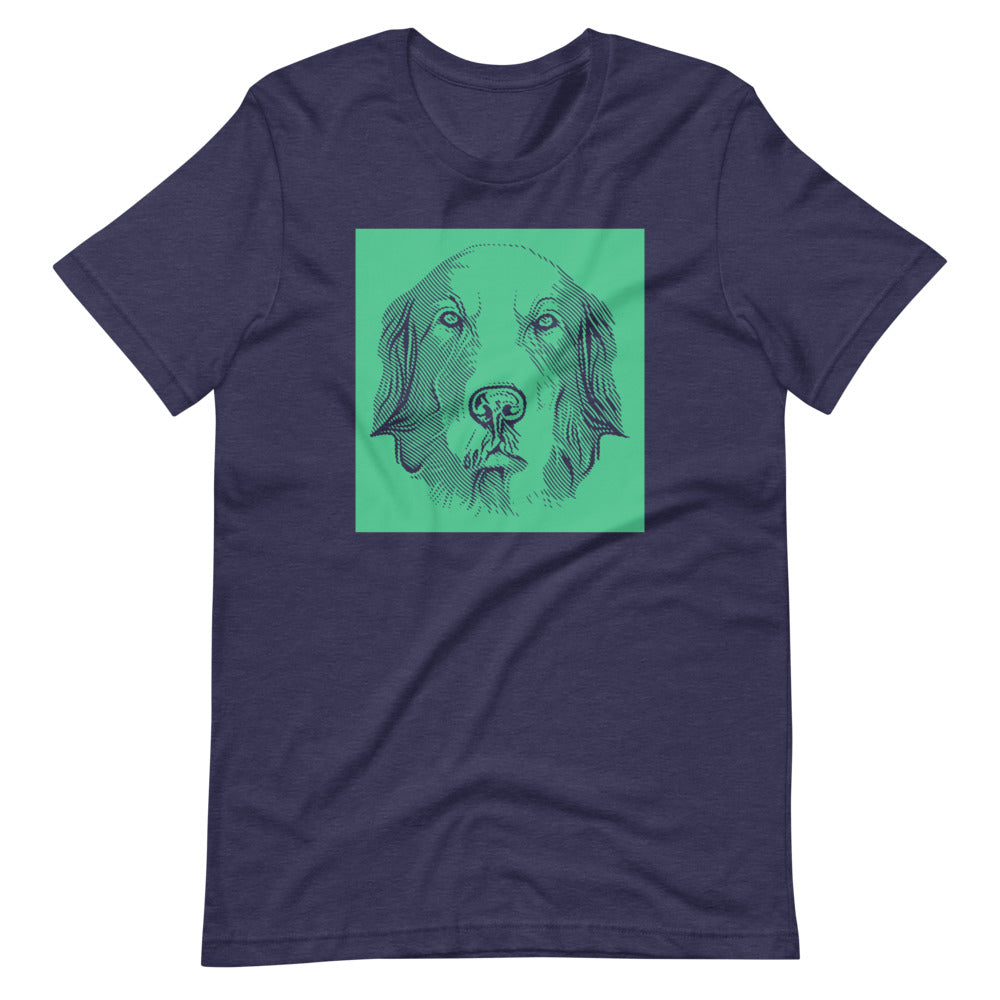 Golden Retriever face halftone with green background square on unisex heather midnight navy t-shirt