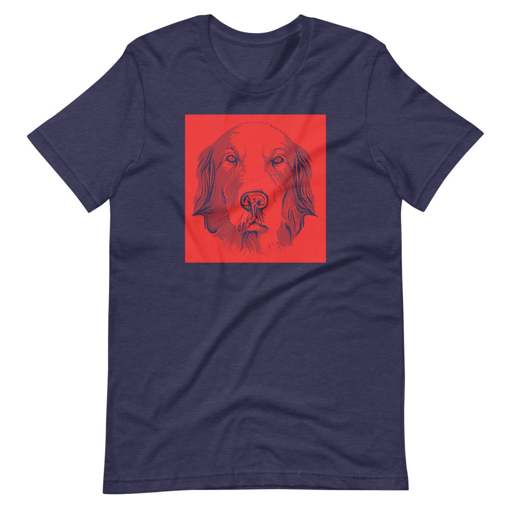 Golden Retriever face halftone with red background square on unisex heather midnight navy t-shirt