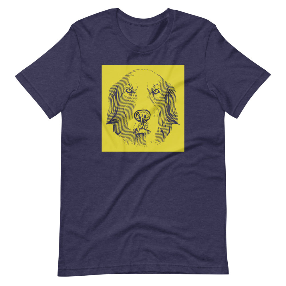 Golden Retriever face halftone with yellow background square on unisex heather midnight navy t-shirt
