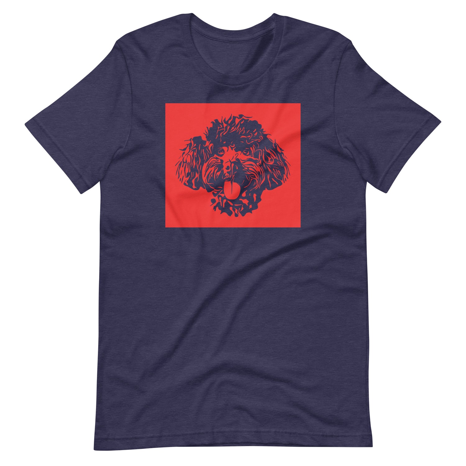 Toy Poodle face silhouette with red background square on unisex heather midnight navy t-shirt