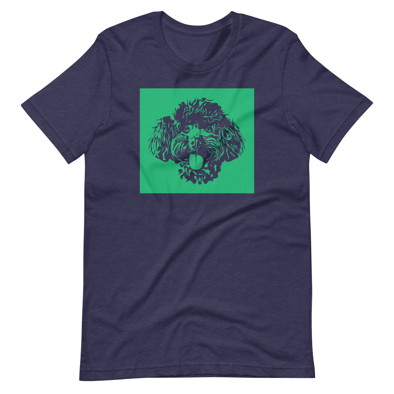 Toy Poodle face silhouette with green background square on unisex heather midnight navy t-shirt