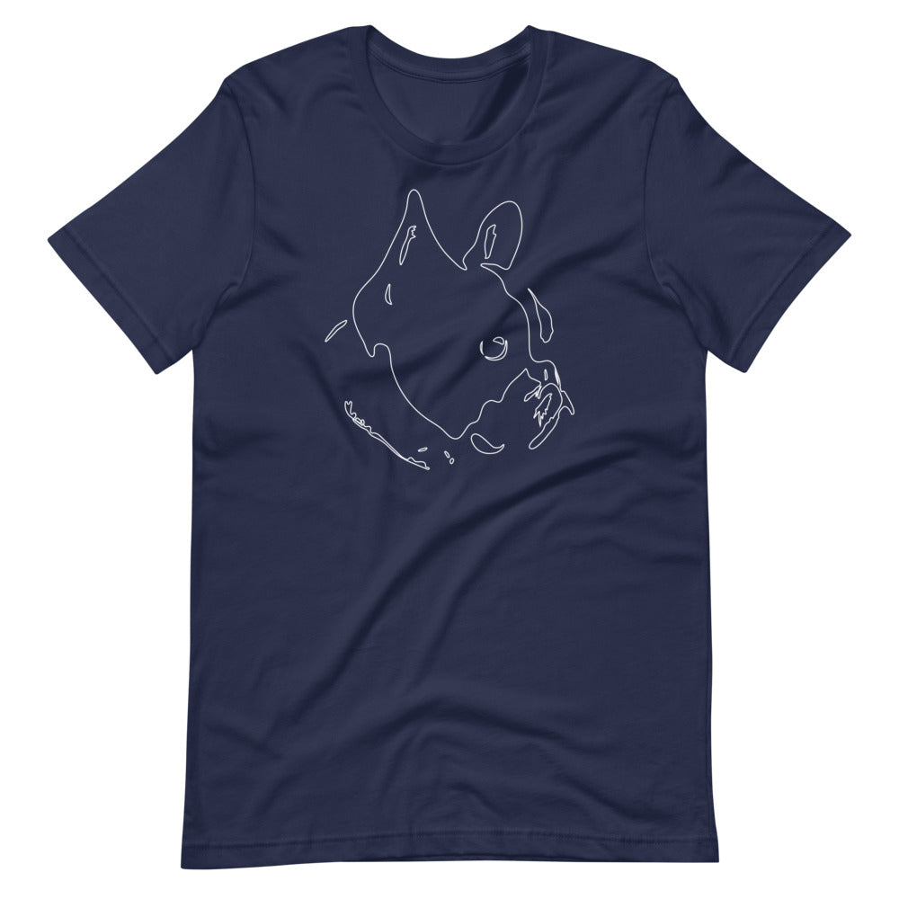 White line French Bulldog face on unisex navy t-shirt