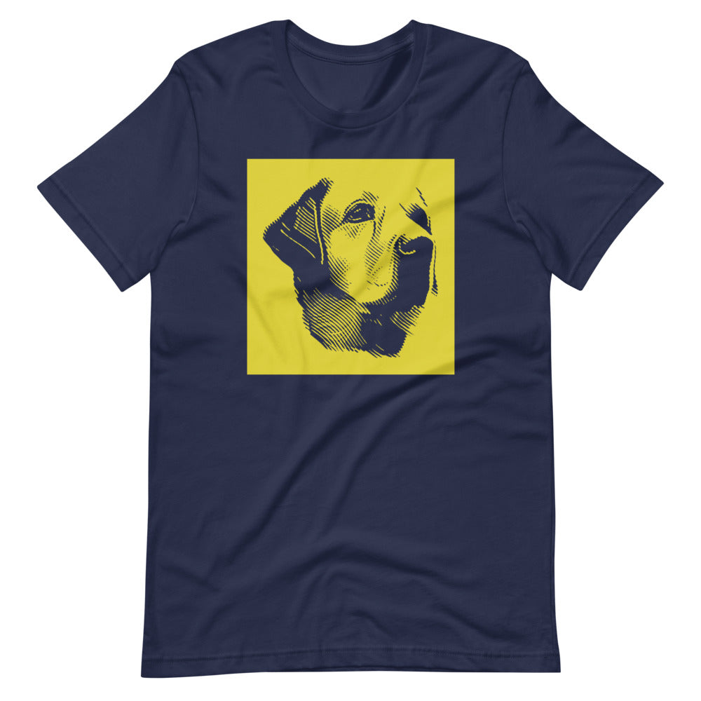 Labrador face halftone with yellow background square on unisex navy t-shirt