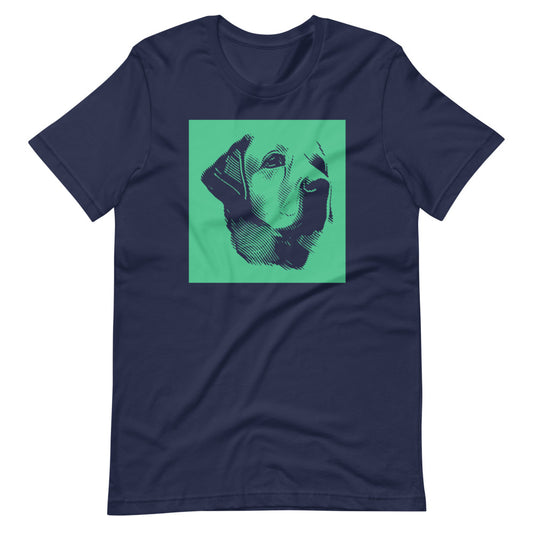 Labrador face halftone with green background square on unisex navy t-shirt