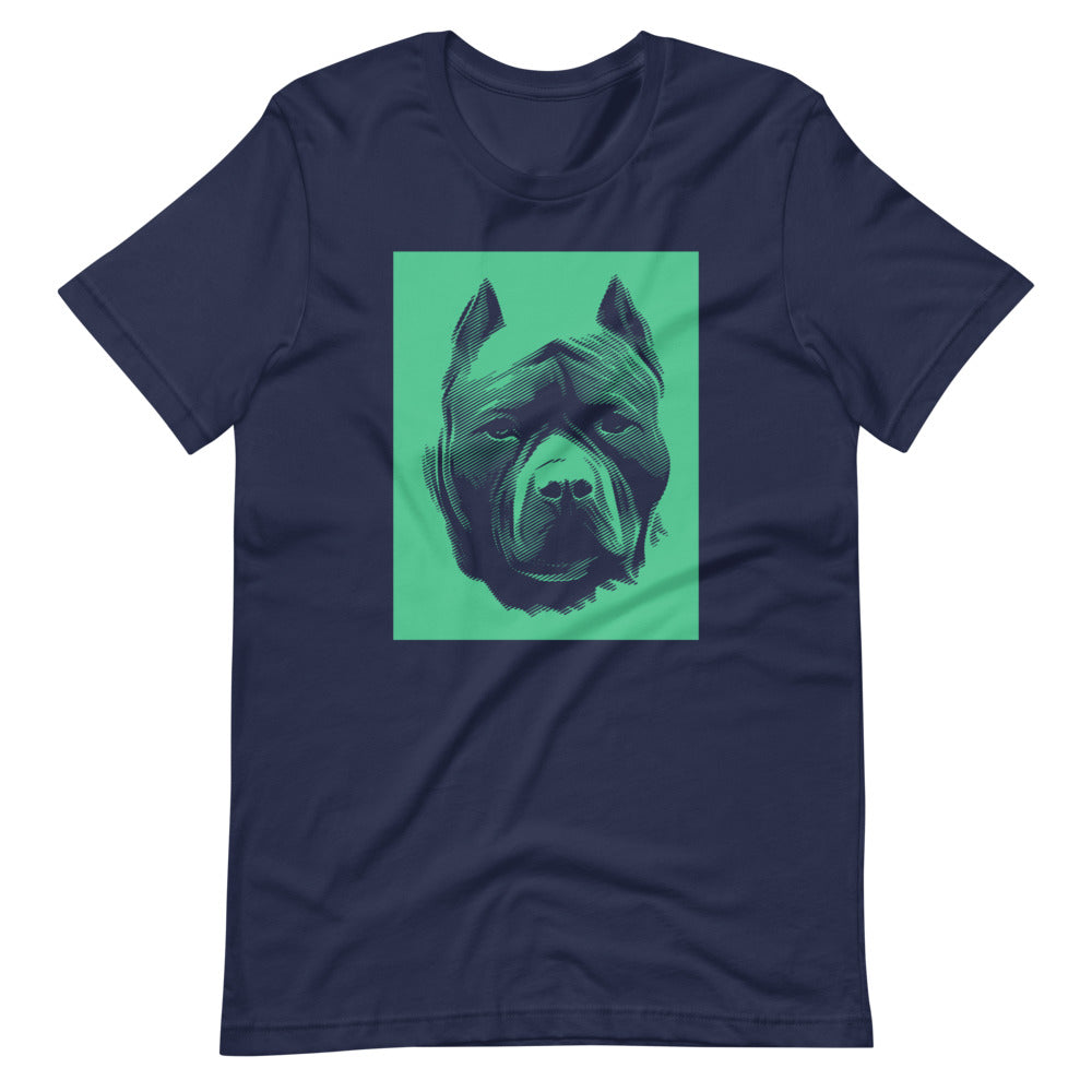 Pit Bull face halftone with green background square on unisex navy t-shirt