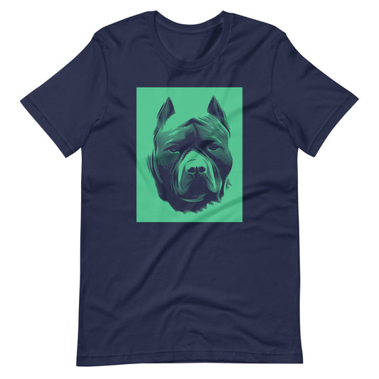 Pit Bull face halftone with green background square on unisex navy t-shirt