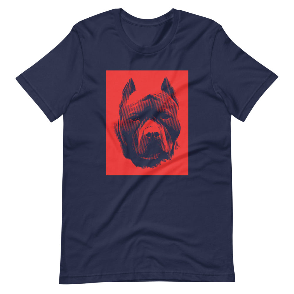 Pit Bull face halftone with red background square on unisex navy t-shirt