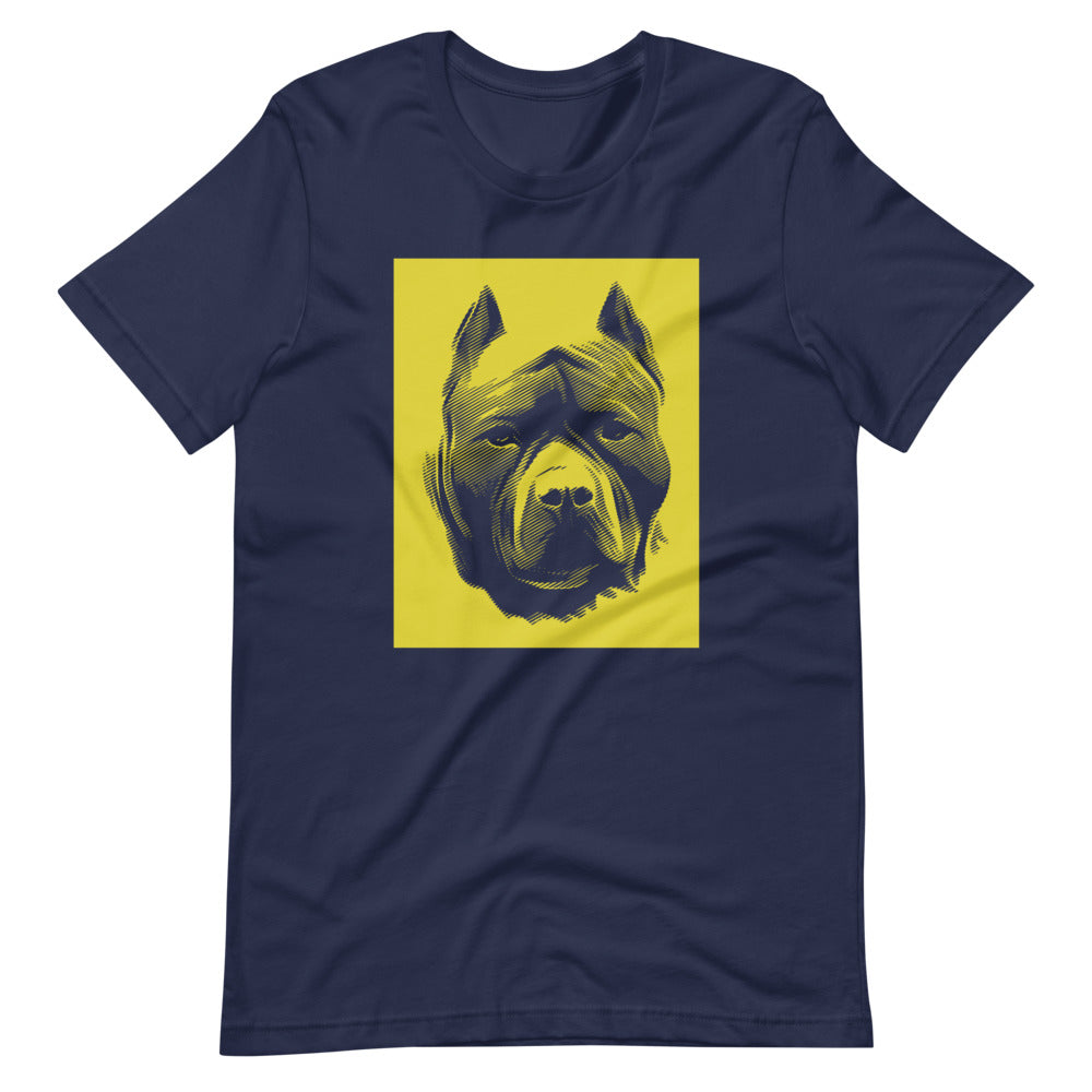 Pit Bull face halftone with yellow background square on unisex navy t-shirt