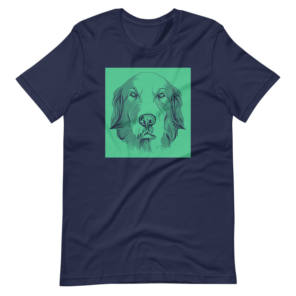 Golden Retriever face halftone with green background square on unisex navy t-shirt